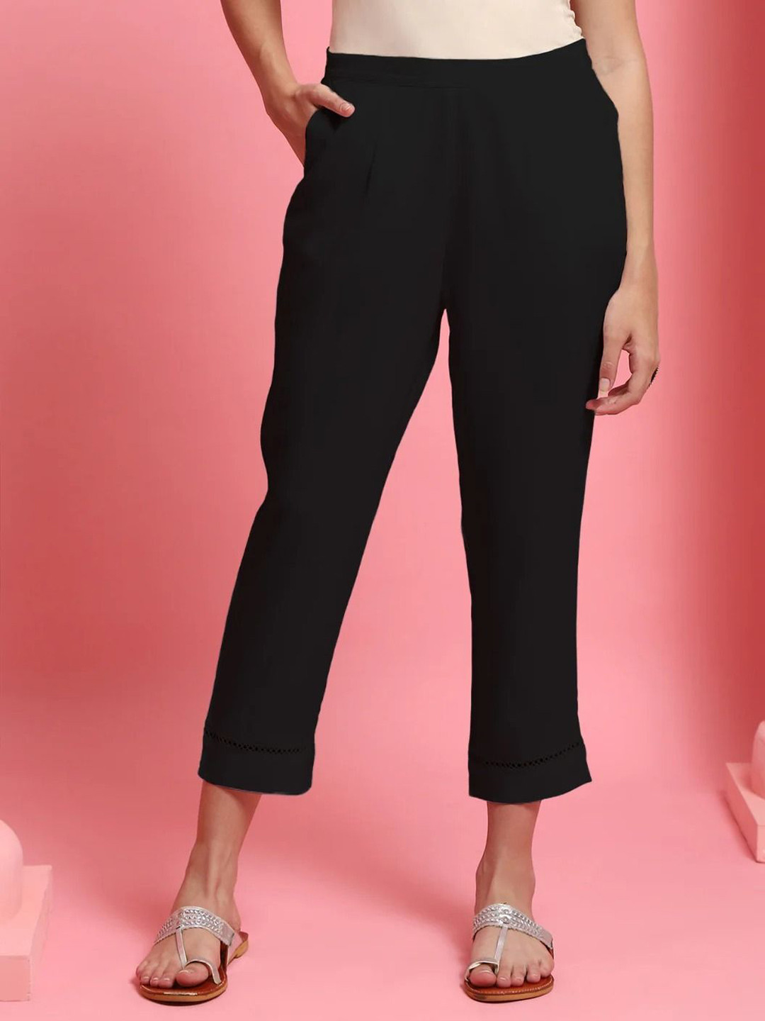 House of Chikankari Black Cotton Solid Women's Pants With Lace