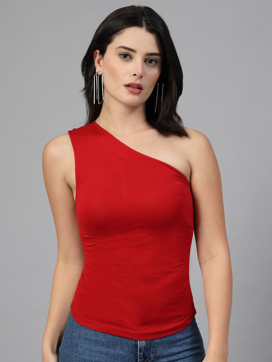 JEFF COOPER Women Cherry Red One Shoulder Ruched Fitted Top