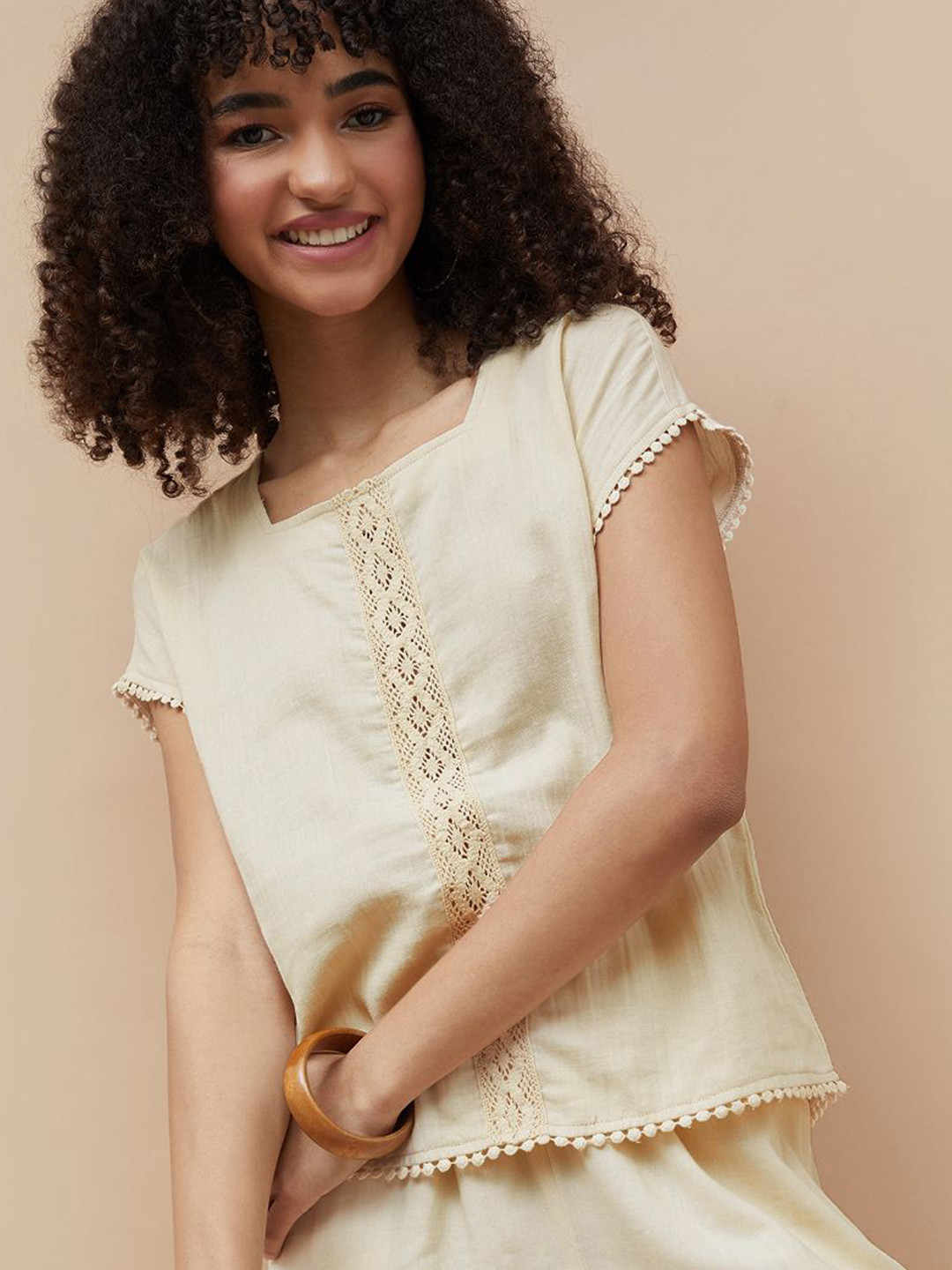 Fame Forever by Lifestyle Women Square Neck Lace Inserts Cotton Regular Top