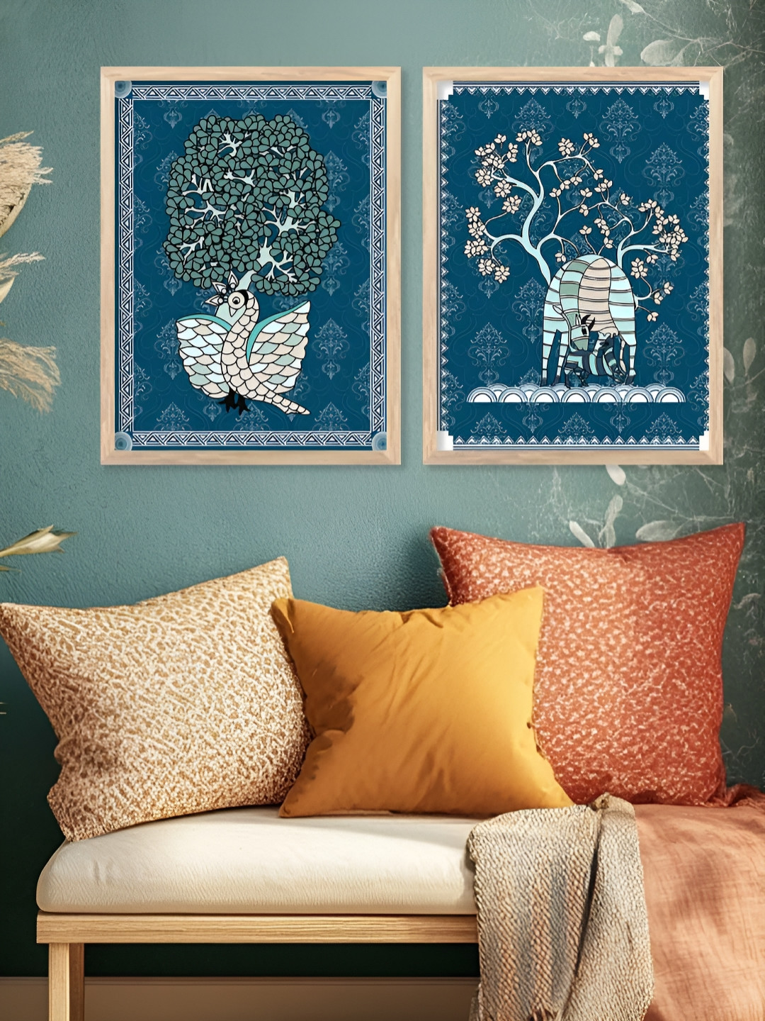 Kotart Brown & Navy Blue 2 Pieces Trees & Animals Printed Wooden Wall Arts