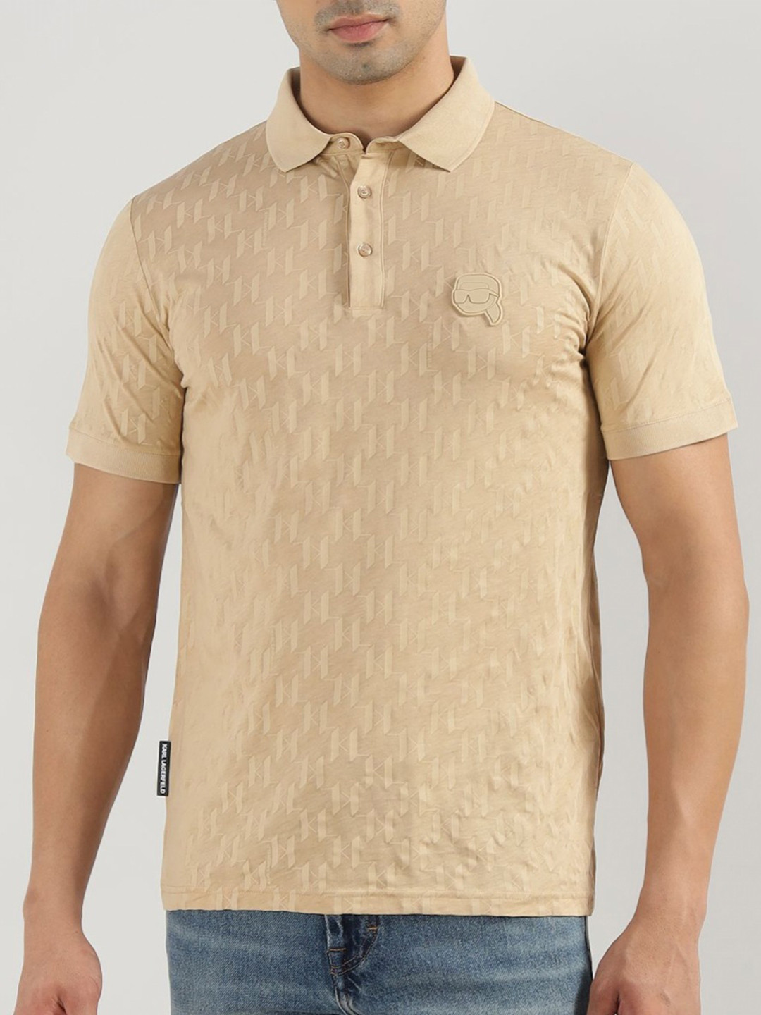 Karl Lagerfeld Self Design Polo Collar Short Sleeves Slim Fit Pure Cotton T-Shirt