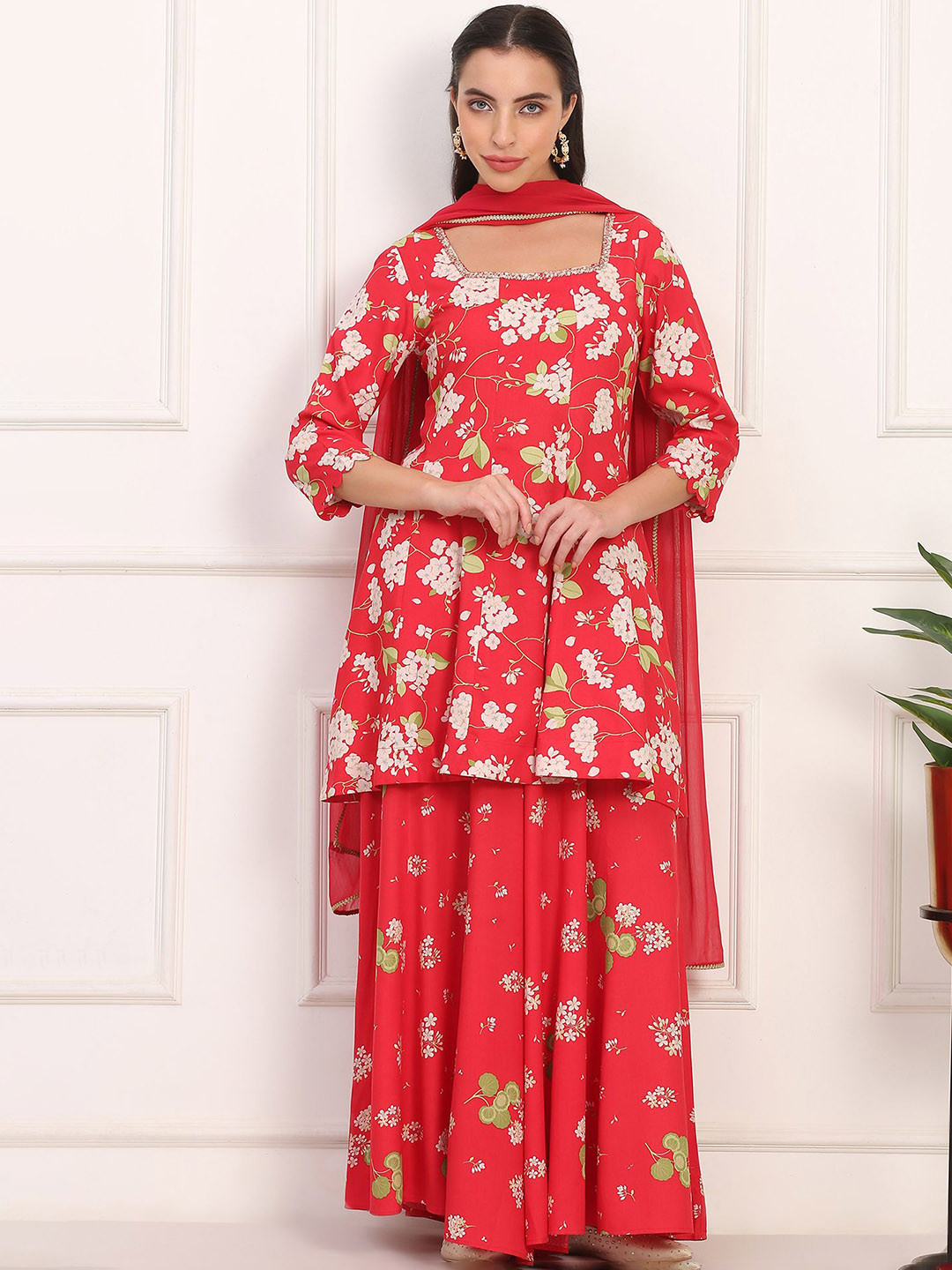 W Women Floral Printed Square Neck Sequinned A-Line Kurta With Palazzos & Dupatta