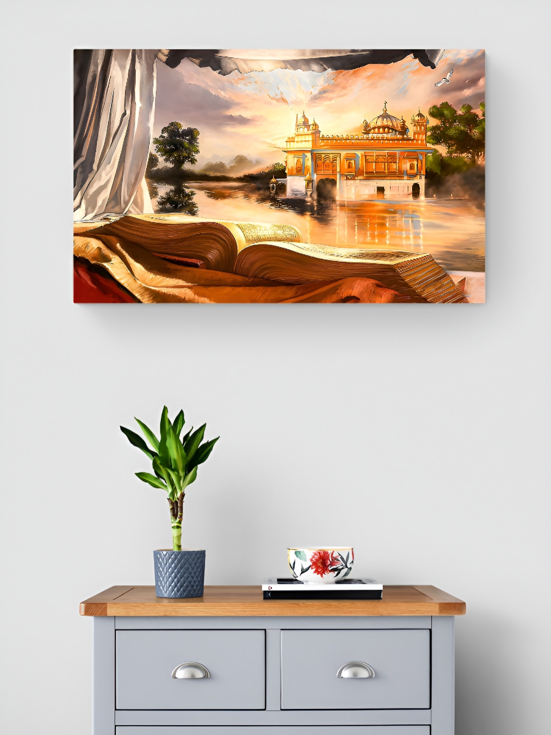 Tushaco Handicrafts Green & Off White Golden Temple Printed Religious Canvas Wall Art