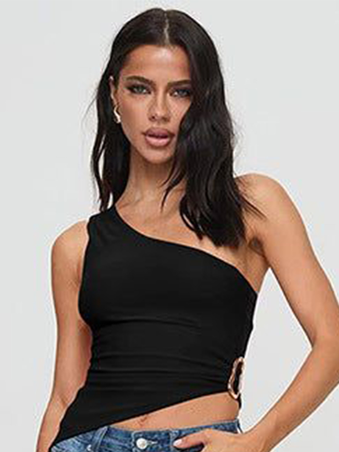 Outzidr One Shoulder Asymmetric Hem Ruched Fitted Top With  Details