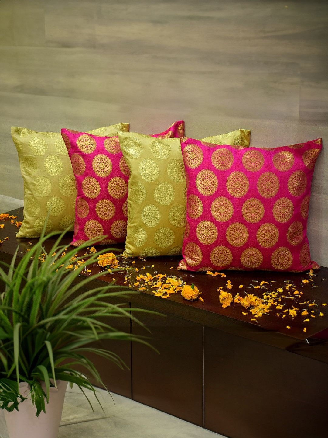 RoyalDeco Mandala Magenta 4 Pieces Ethnic Motifs Brocade Silk Square Cushion Covers