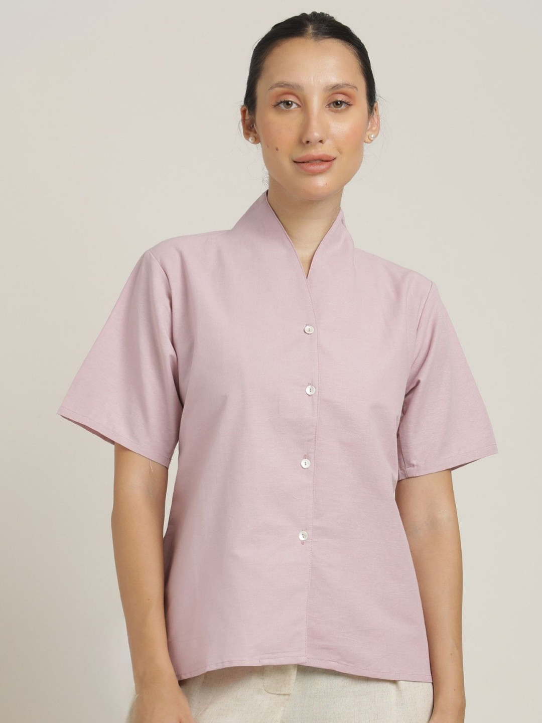 Saltpetre Spring Summer Women Pink Organic Cotton Relaxed Fit Wrap Collar Top