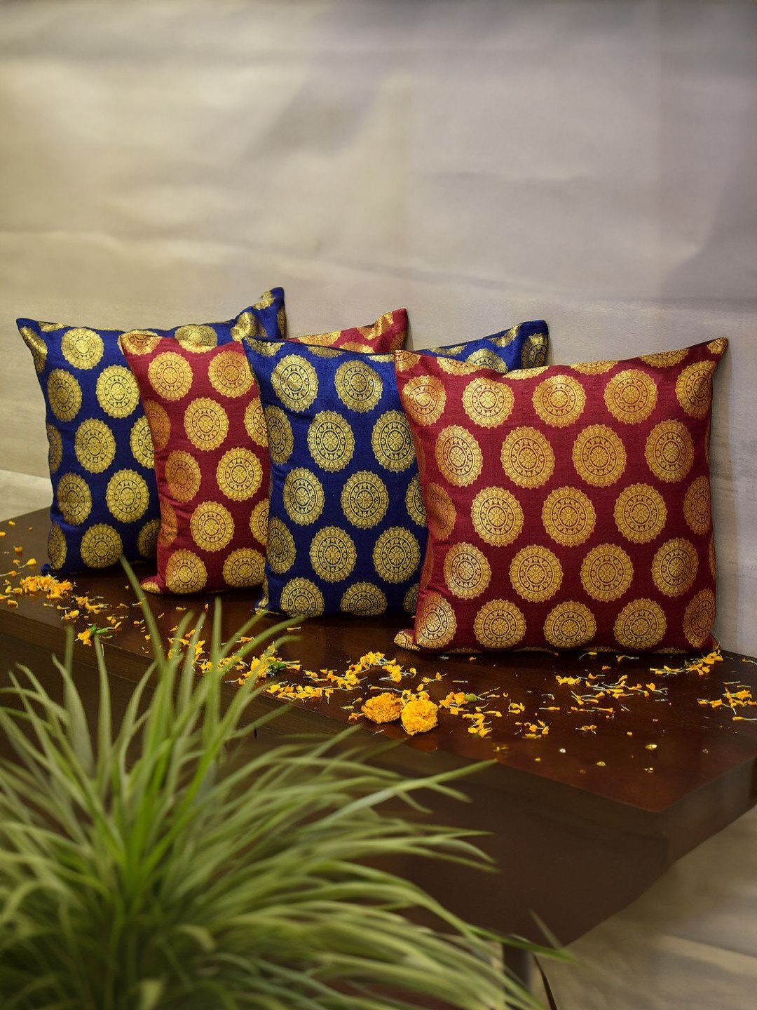 RoyalDeco Mandala Maroon & Blue 4 Pieces Ethnic Motifs Brocade Silk Square Cushion Covers