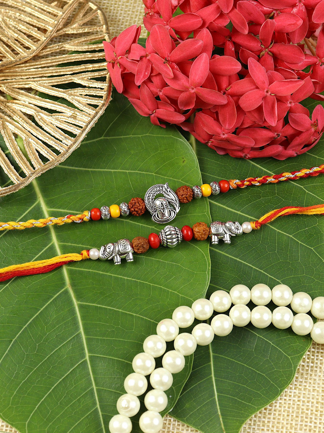 Asthetika Set Of 2 Artificial Beaded Shiva Elephant Rudraksha Rakhis With Roli Chawal