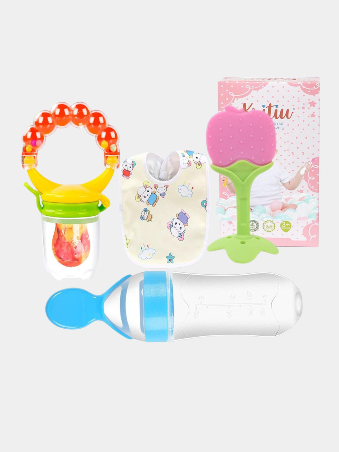 Kritiu Kids Set Of 4 Baby Fruit Feeder Food Feeder Teether & Bib - Blue & Red