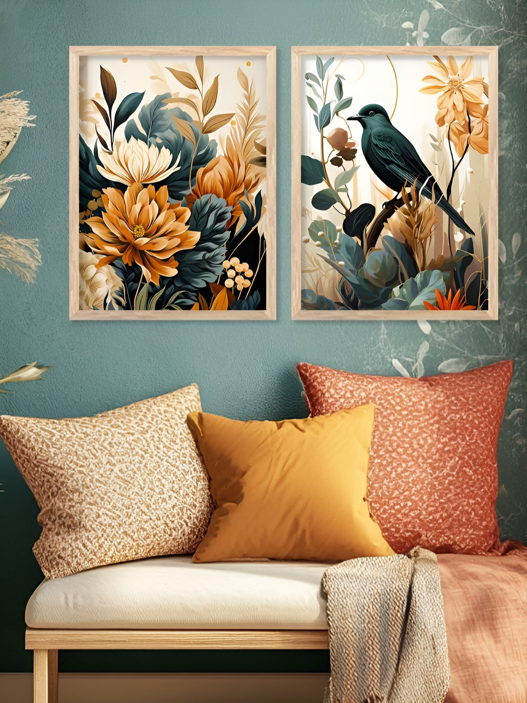 Kotart White & Gold-Toned 2 Pieces Floral Bids Printed Wooden Wall Arts