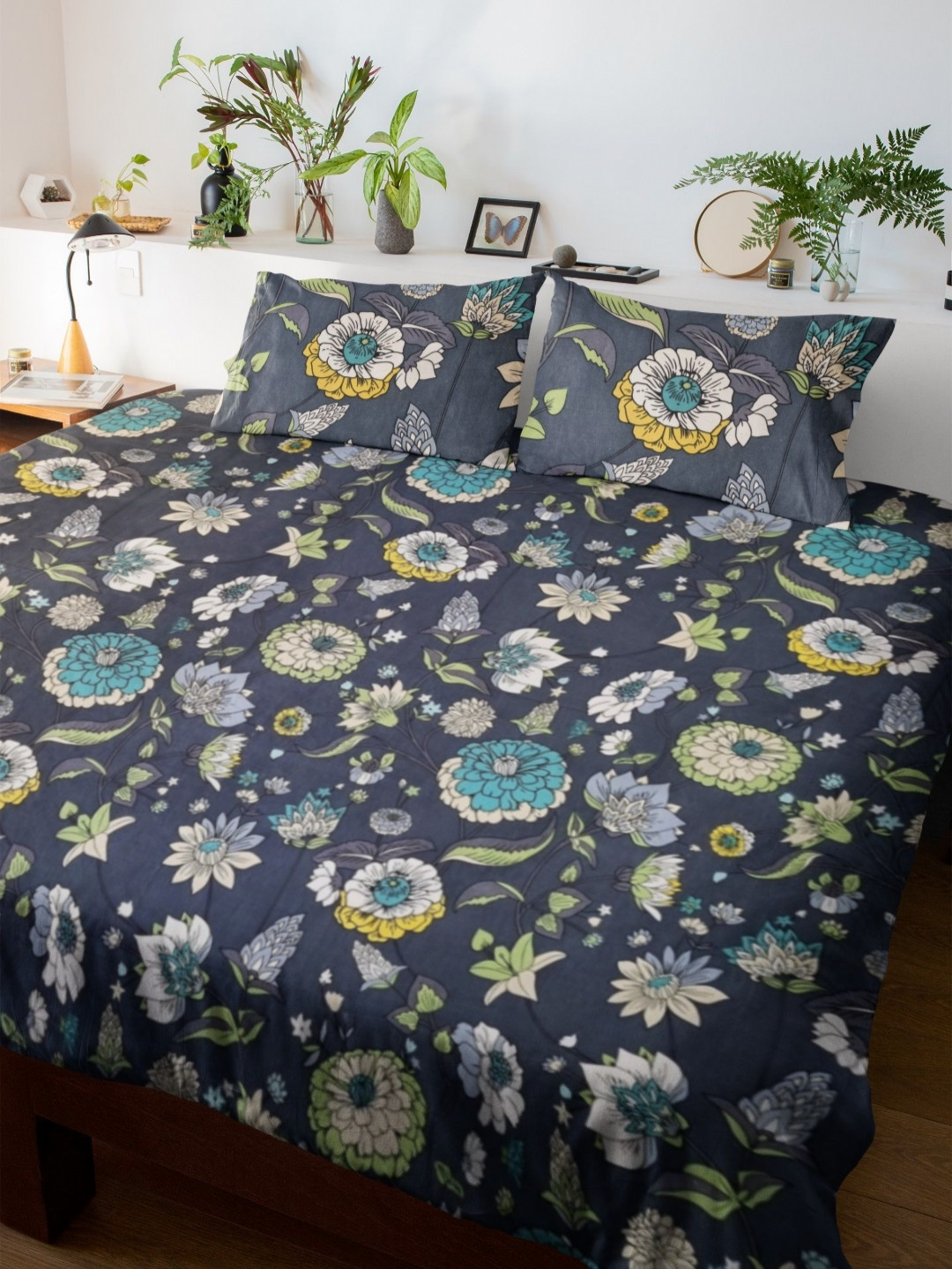 HARYANA HOOPS Navy Blue Floral Printed 220 TC Queen Bedsheet Set 2.2 cm x 2.5 cm
