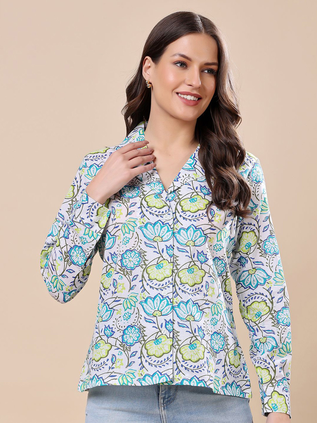 MINOS Classic Floral Printed Cuban Collar Cotton Casual Shirt