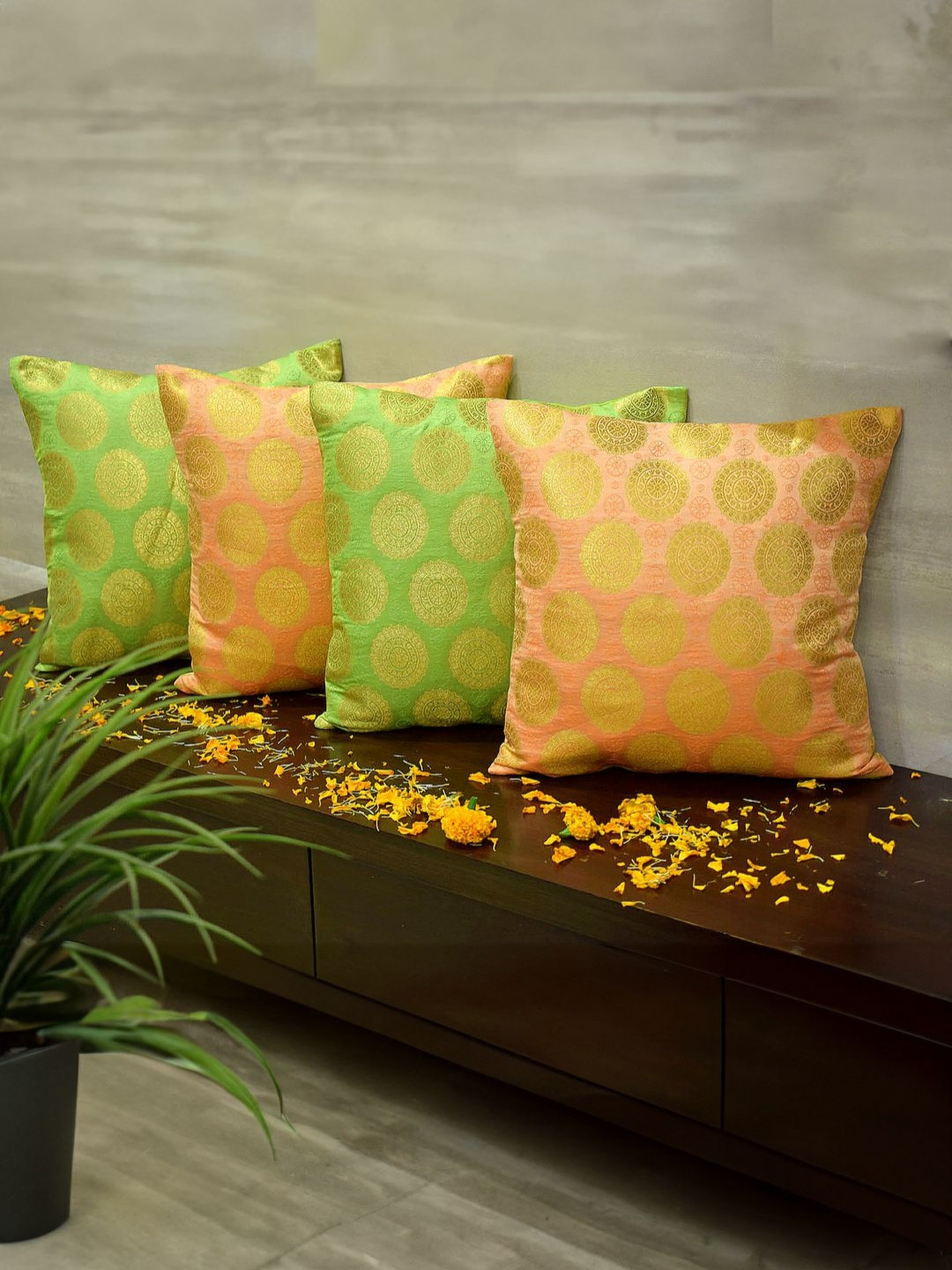 RoyalDeco Mandala Coral & Green 4 Pieces Ethnic Motifs Brocade Silk Square Cushion Covers
