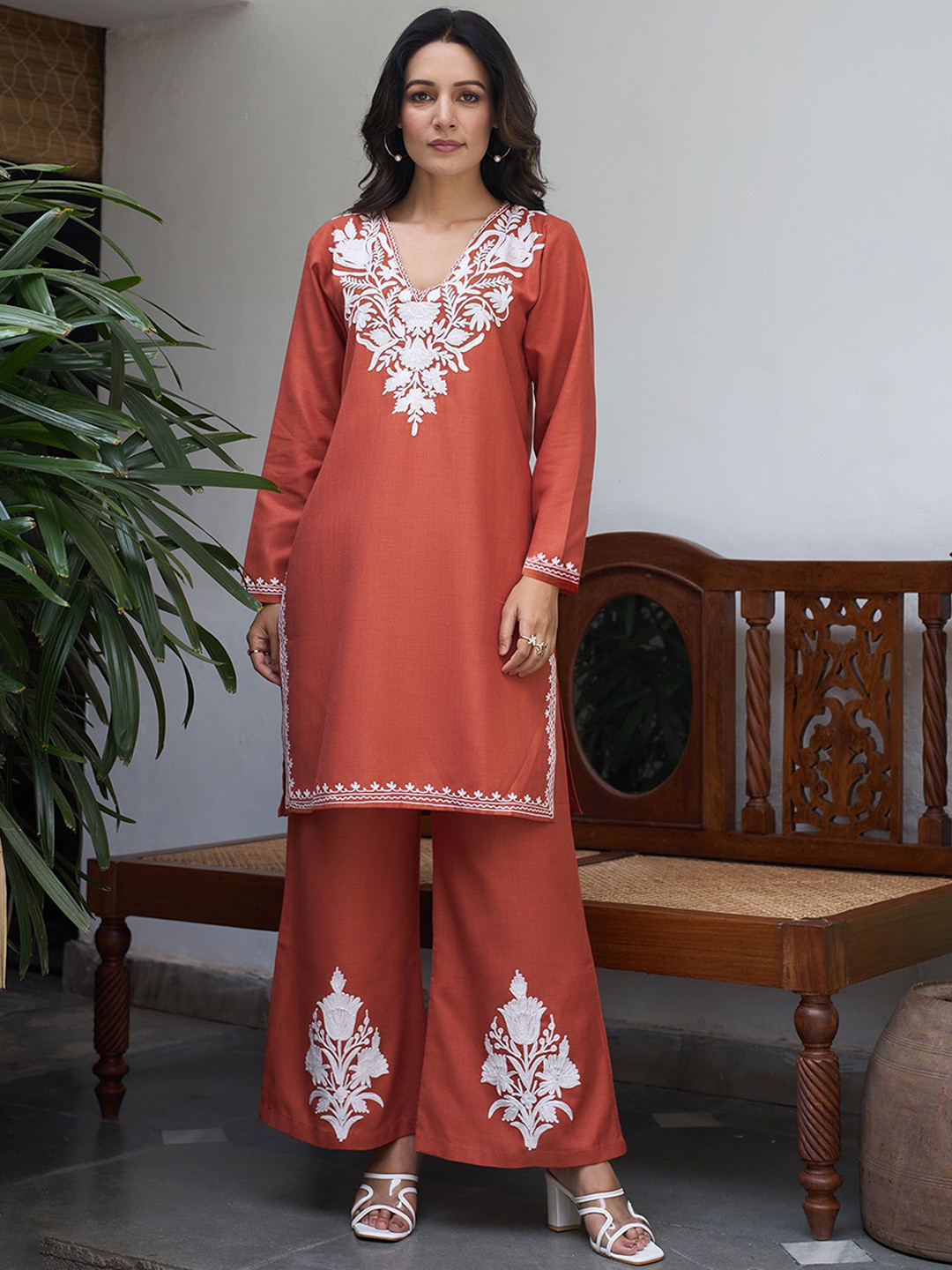 Kashmir Box Kashmiri Aari Embroidered V-Neck Ruby Cotton Co-Ord Set