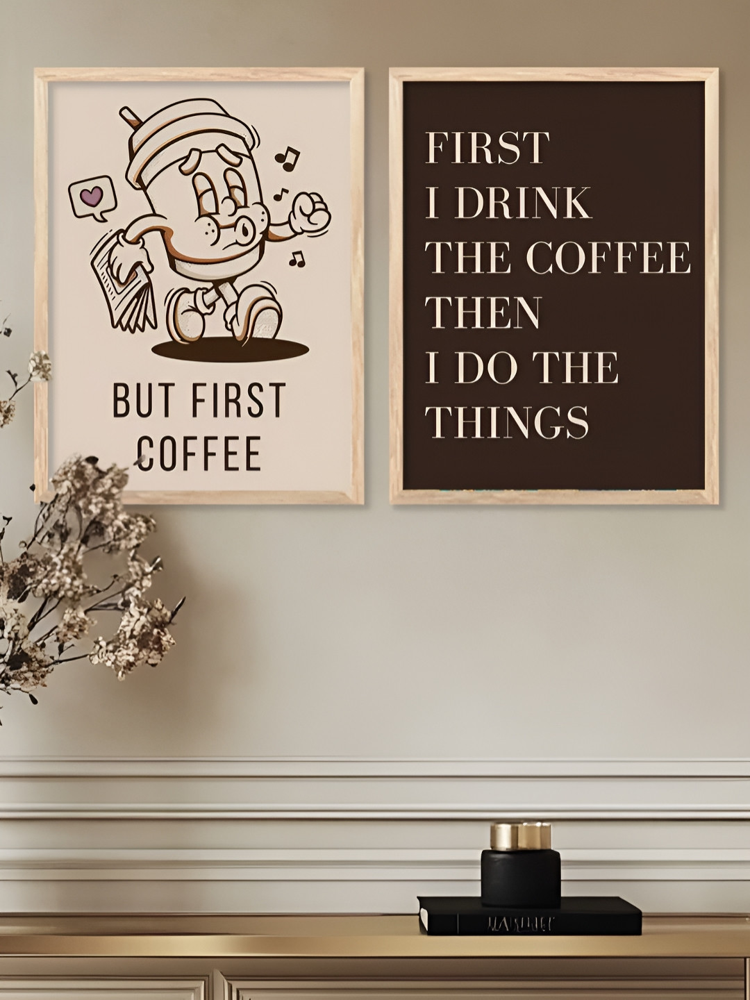 Kotart Coffee Brown & White 2 Pieces Wooden Restaurant Painting Wall Arts