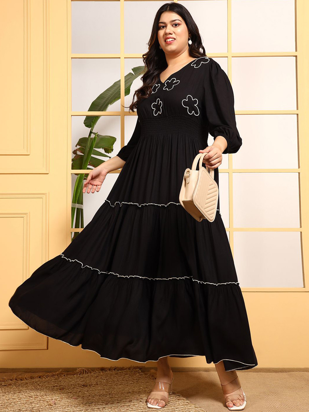 DEEBACO Women Plus Size Embroidered Tiered Fit & Flare Maxi Dress