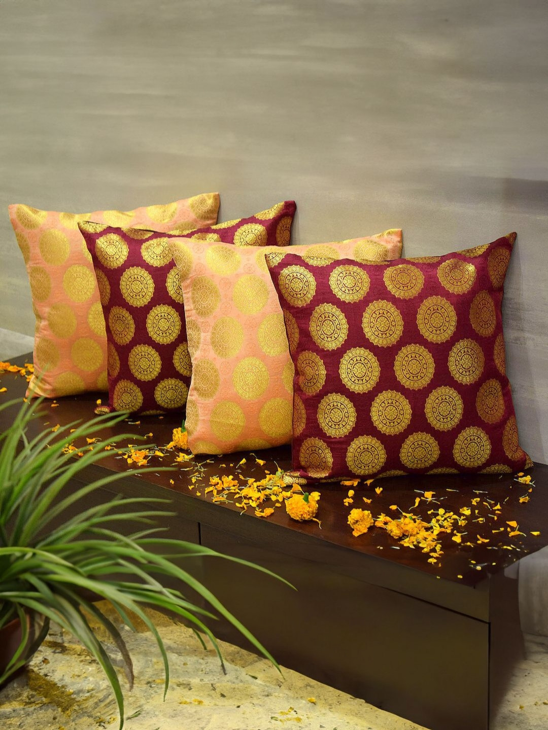 RoyalDeco Mandala Maroon & Coral 4 Pieces Ethnic Motifs Brocade Silk Square Cushion Covers