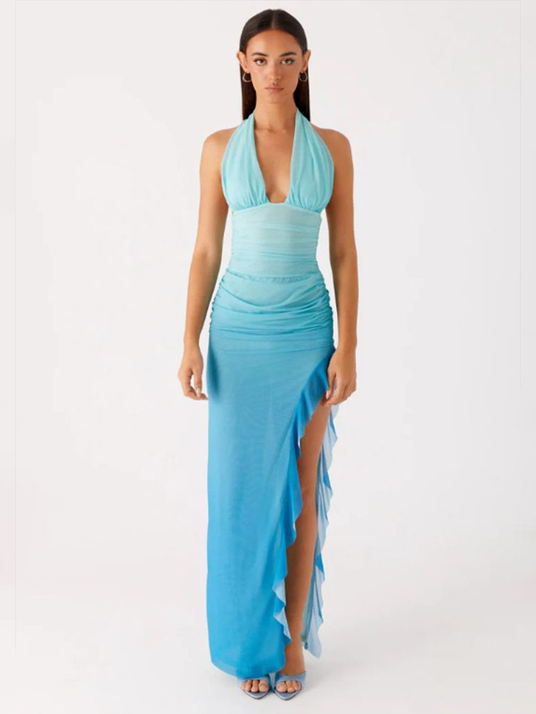 LULU & SKY Women Halter Neck Side Slits Ruffles Maxi Dress