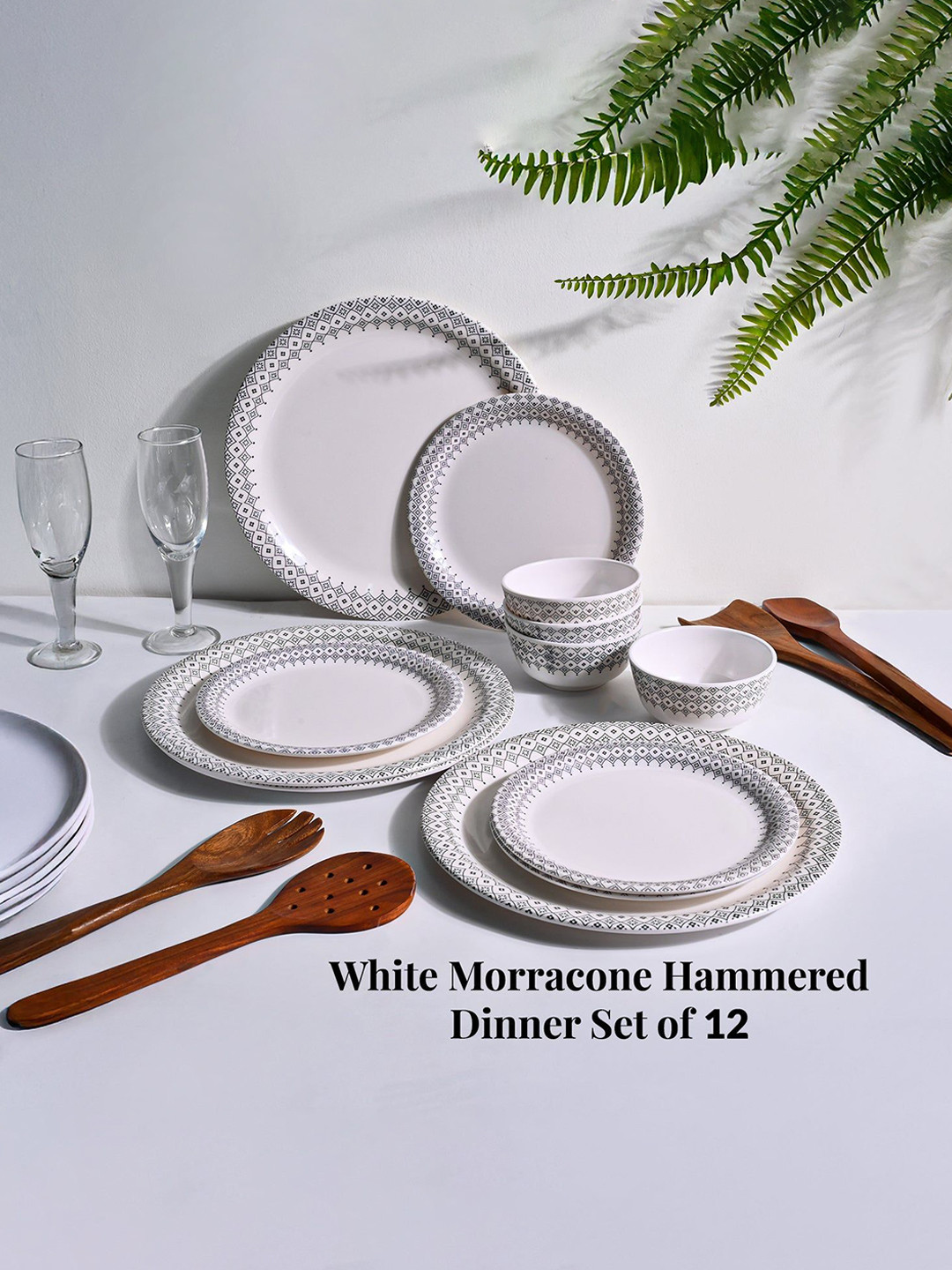MARKET99 White Morrocone Hammered Melamine Dinner Set  12 Pcs