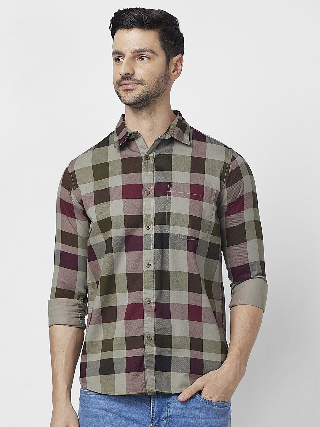 SNX Buffalo Checked Spread Collar Cotton Tailored Fit Casual Shirt