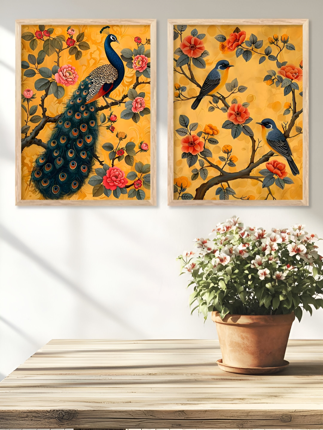 Kotart Brown & Orange Colored 2 Pieces Peacock On Tree Printed Wooden Wall Arts