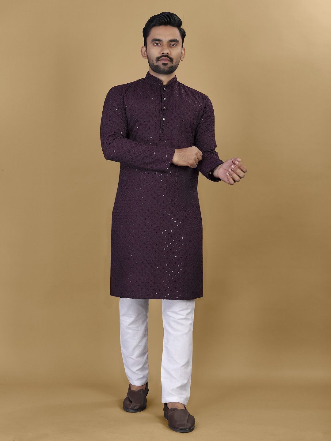 WELL TEX Floral Embroidered Sequinned Mandarin Collar Straight Kurta