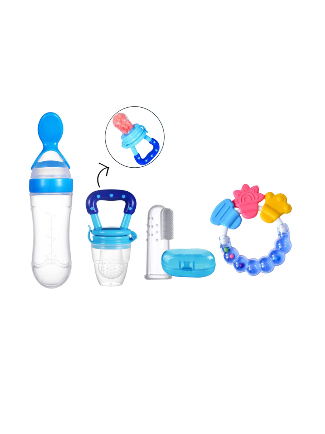 Kritiu Kids Food Feeder & Finger brush & Rattle & Food Nibbler & Rattle Teether- Blue