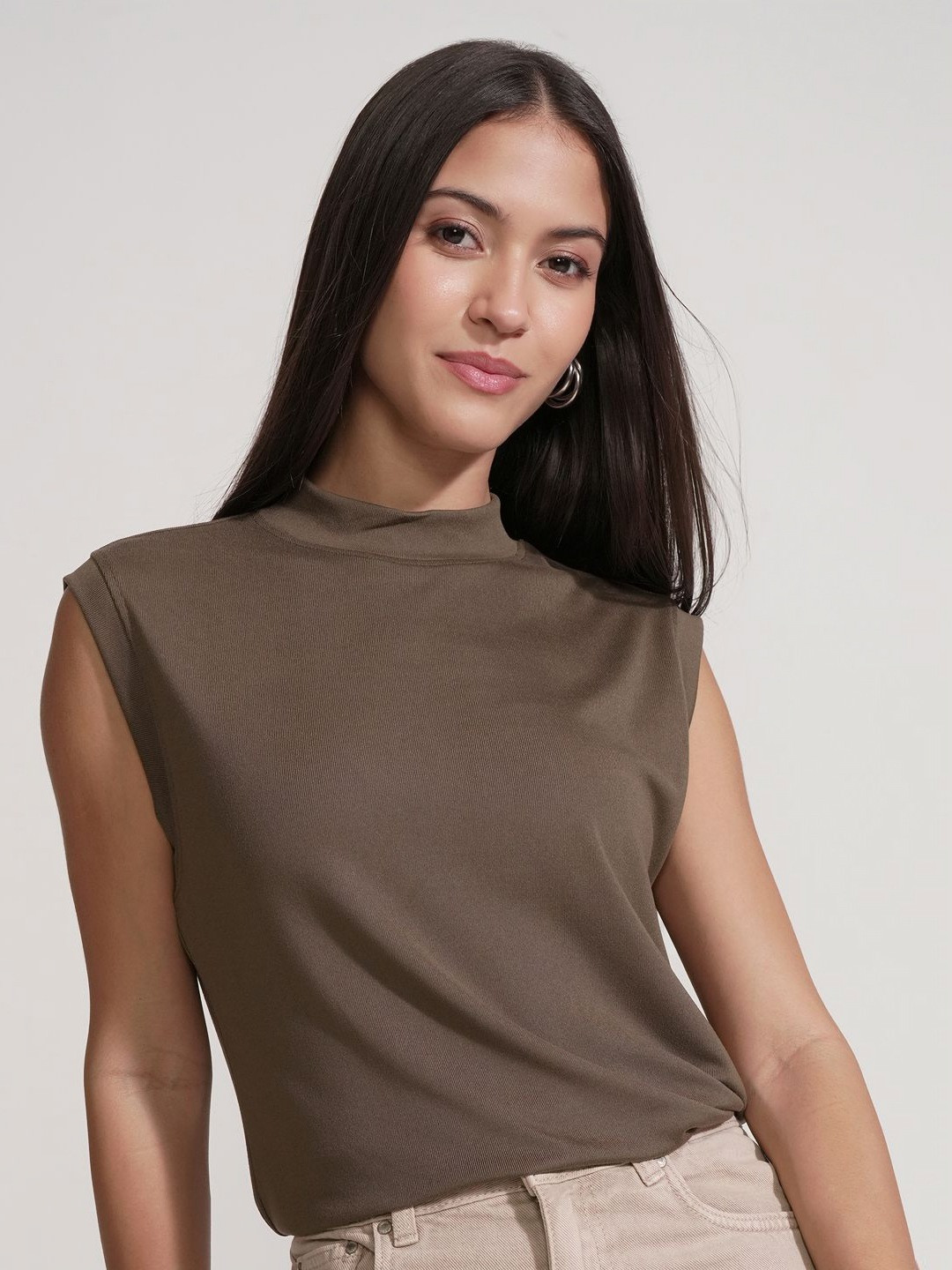 Basics By Tokyo Talkies High Neck Cap Sleeves Rip Polyester T-shirt