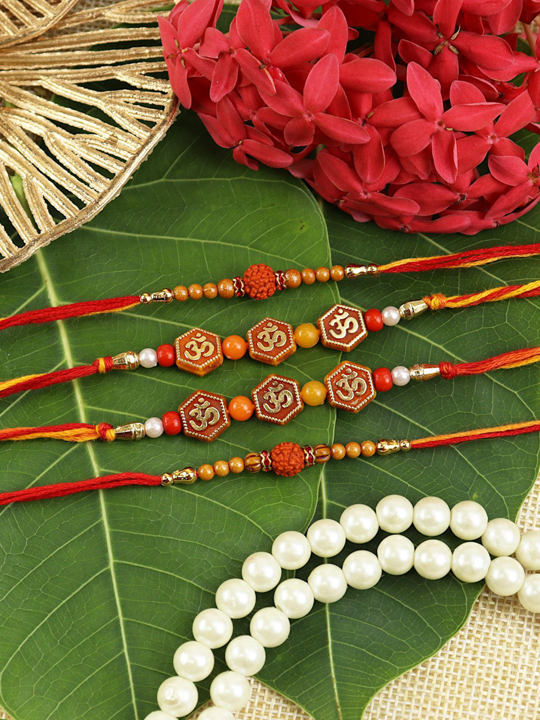 Asthetika Set Of 4 Artificial Stones Studded And Beaded Rudraksha Rakhis With Roli Chawal