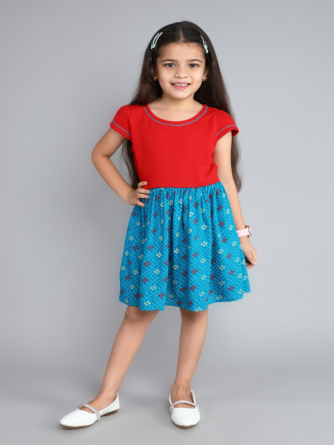 Funshine flair & fun Girls Ethnic Motifs Printed Gathered or Pleated Fit & Flare Dress