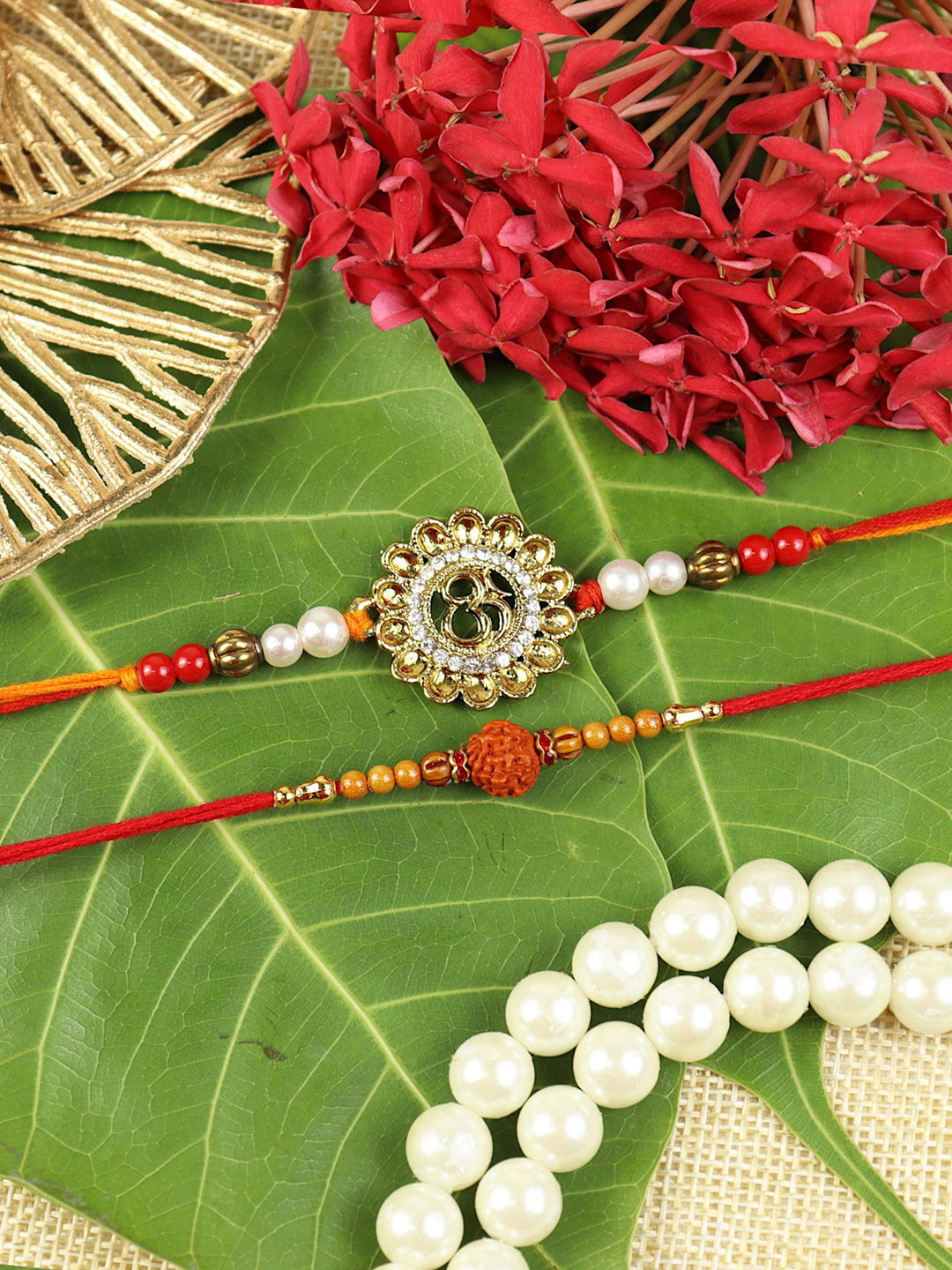 Asthetika Set Of 2 Artificial Stones Studded & Beaded Om Rudraksha Rakhis With Roli Chawal