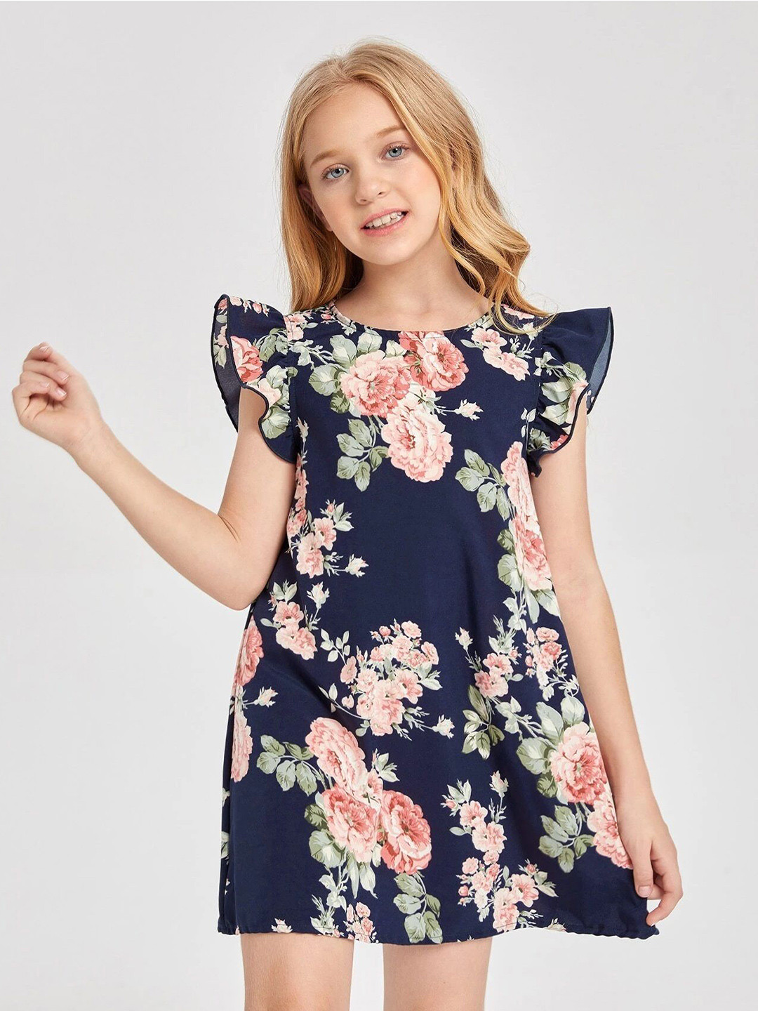 White World Girls Floral Print A-Line Mini Dress