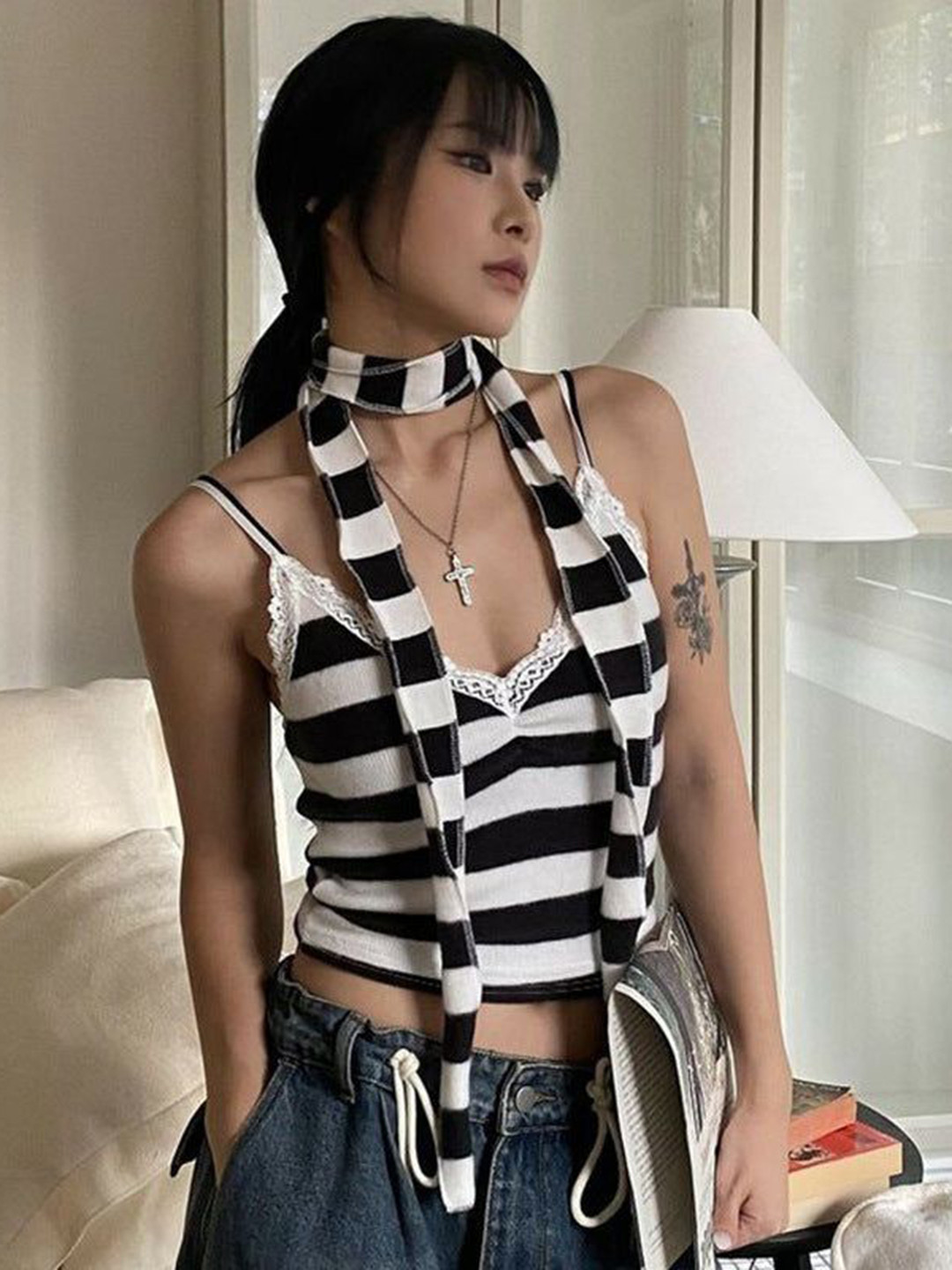 Outzidr Women Spaghetti Strap Striped Sleeveless Top