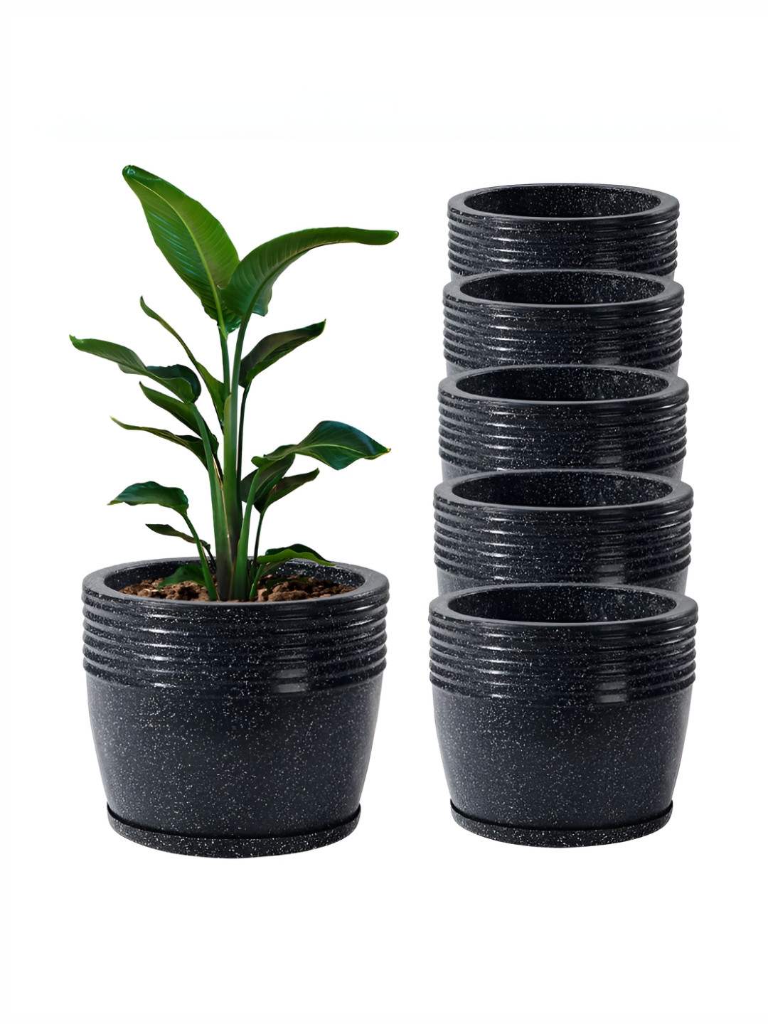 RUBOXA 6-Pcs Black Textured UV-ProtectedPlanters WithBottomTray