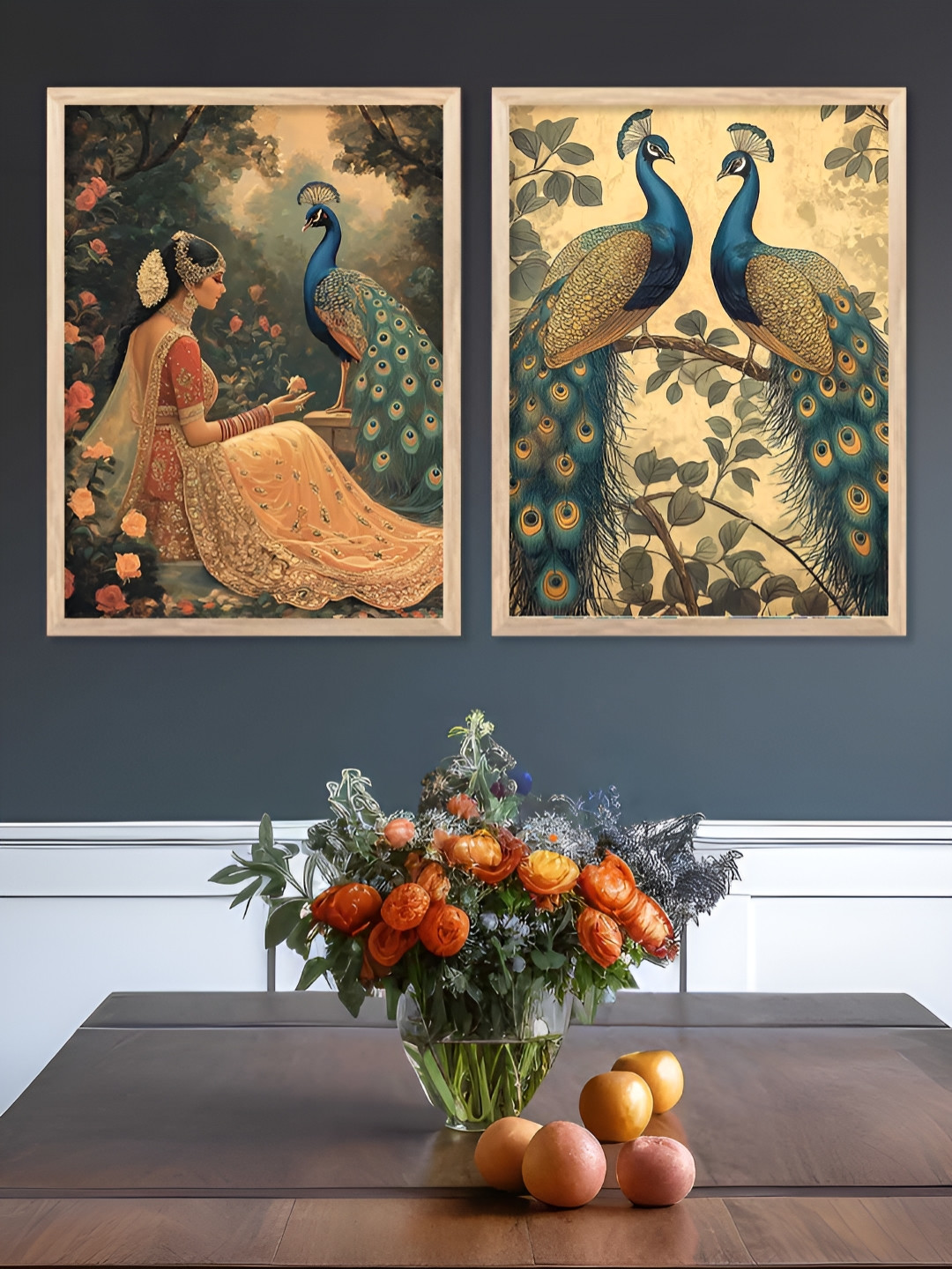 Kotart Brown & Blue 2 Pieces Peacocks Printed Wooden Wall Arts