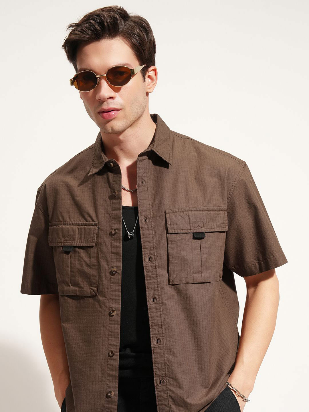 HIGHLANDER Self Design Spread Collar Short Sleeves Cotton Shirt