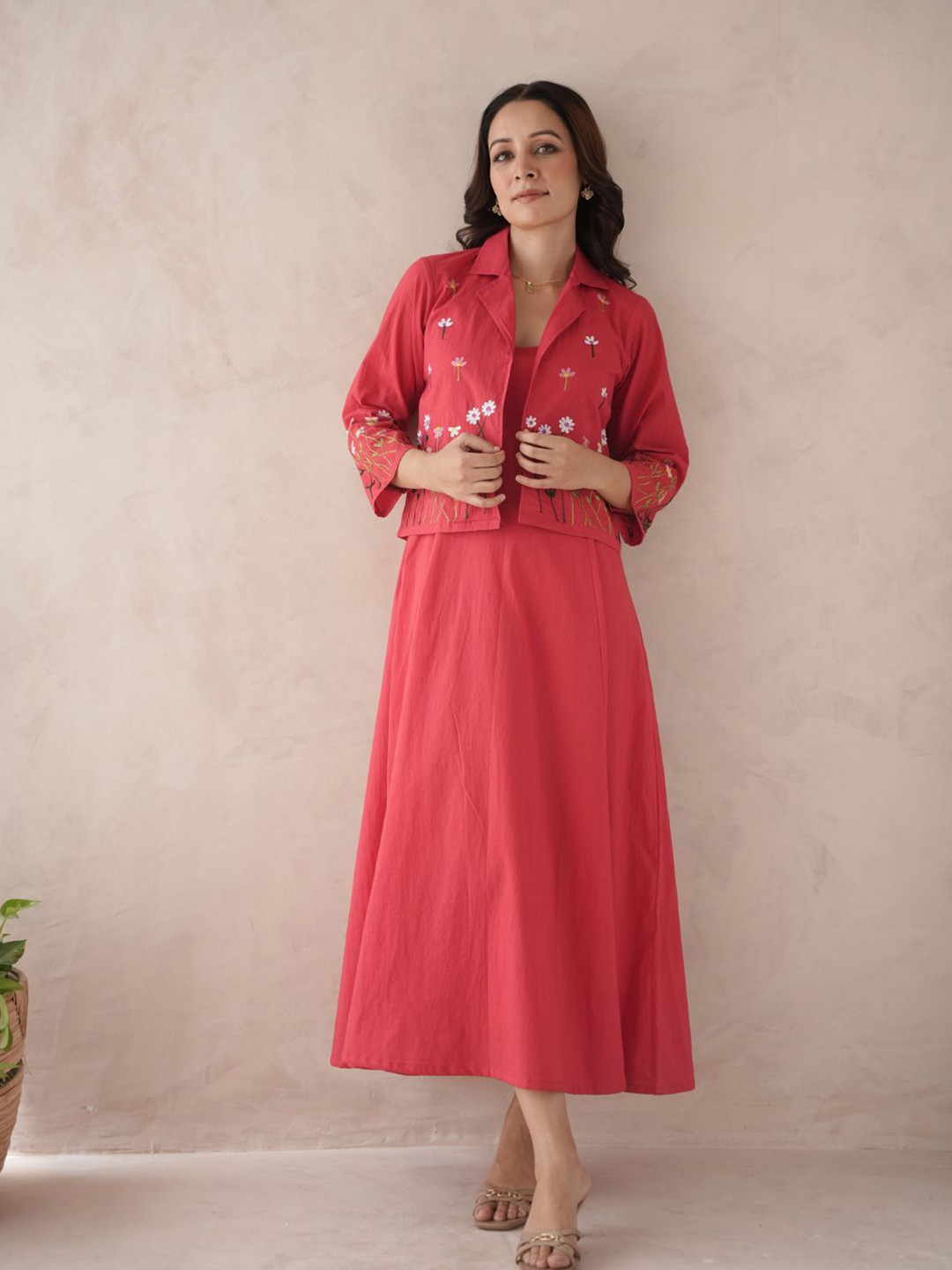 OneWe Gulshan Women Floral Embroidered Cotton A-Line Midi Dress With Jacket