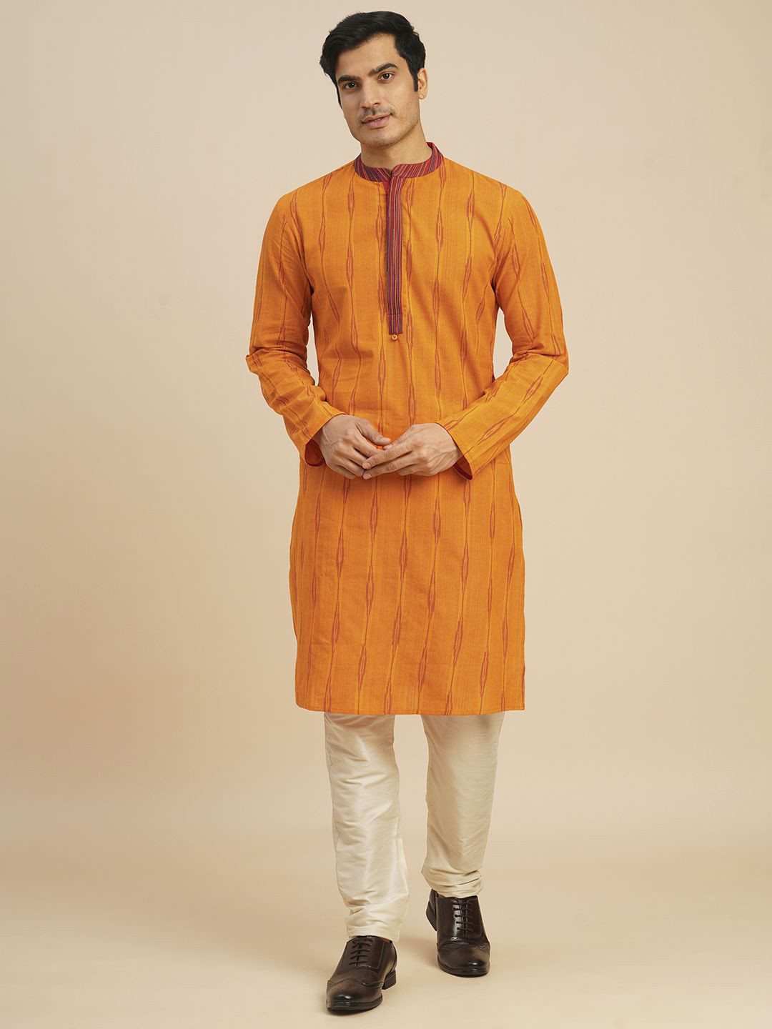 Arch element Men Woven Design Printrd Mandarin Collar Regular Straight Knee Length Kurta