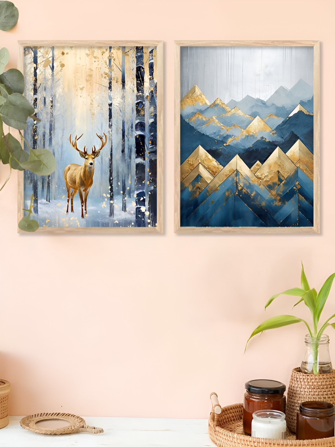 Kotart Gold-Toned & Blue 2 Pieces Deer & Mountains Wooden Wall Arts