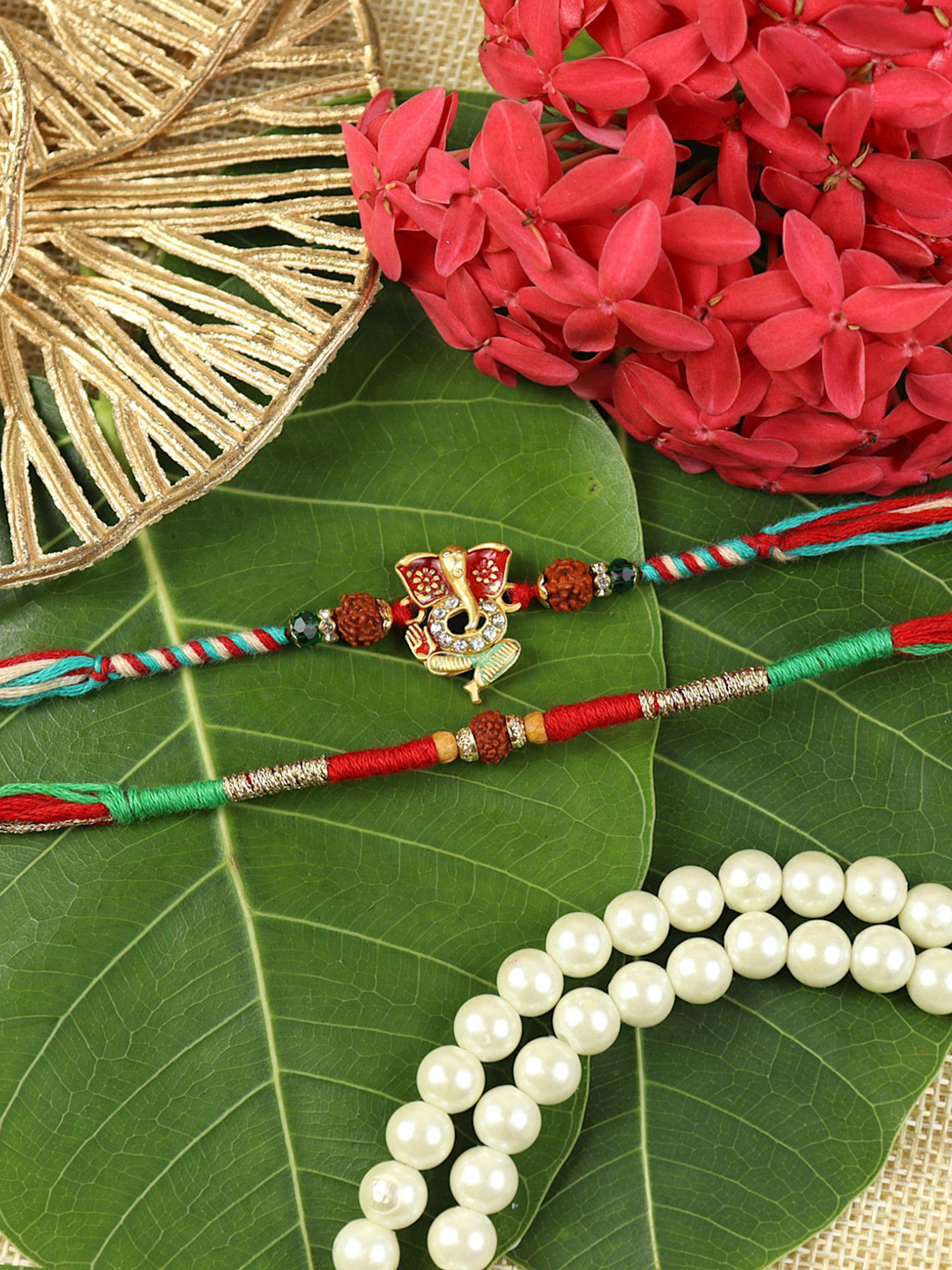 Asthetika Set Of 2 Stones Studded And Beaded Ganesha Rudraksha Rakhis With Roli Chawal