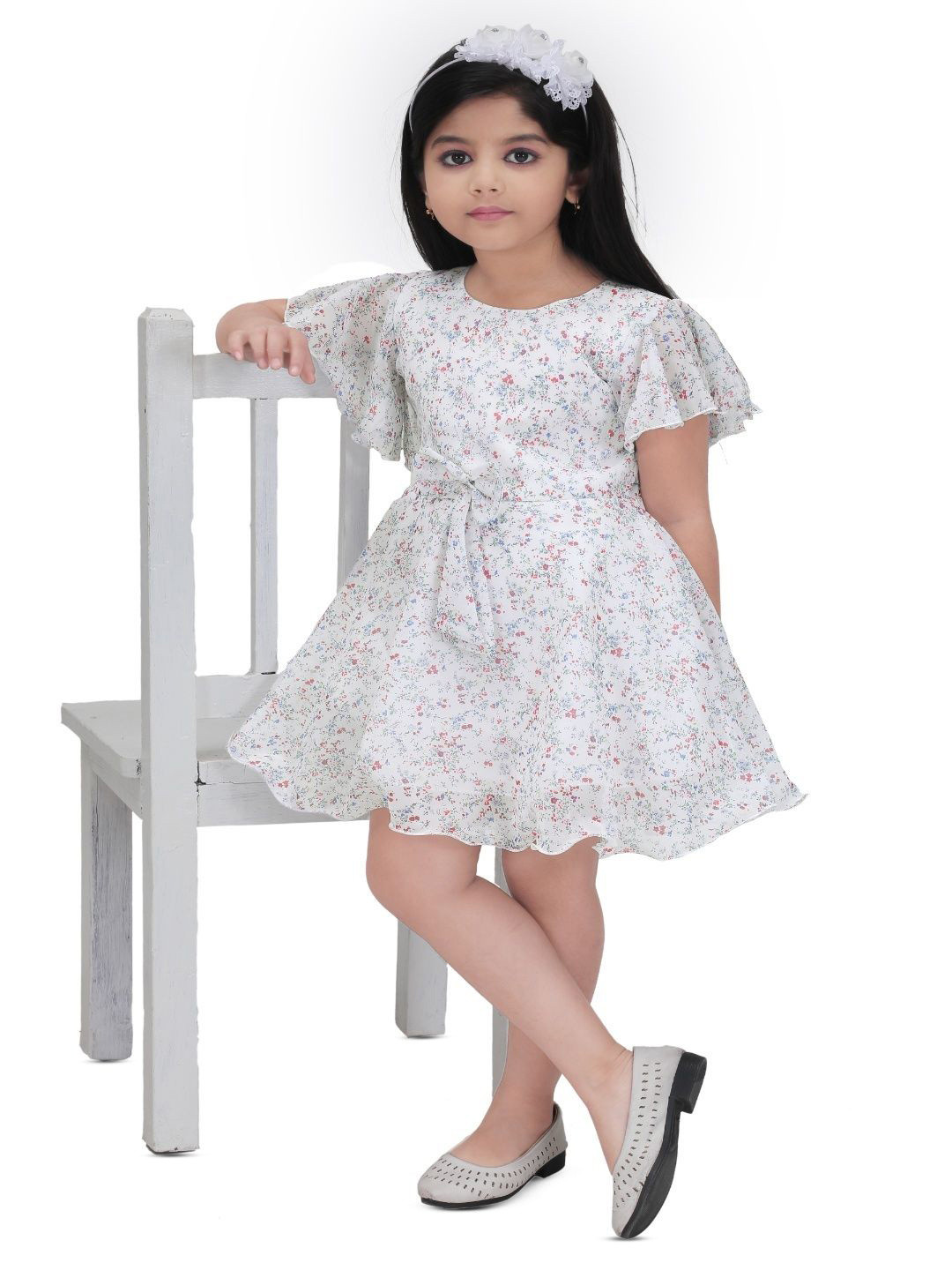 BARKAT DESIGNING PLANET Girls Floral Print Flared Sleeve Chiffon Fit & Flare Dress