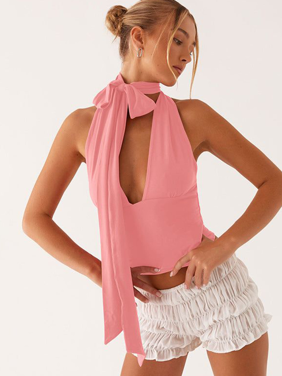 Outzidr Women Halter Scarf Neck Fitted Cami Tops