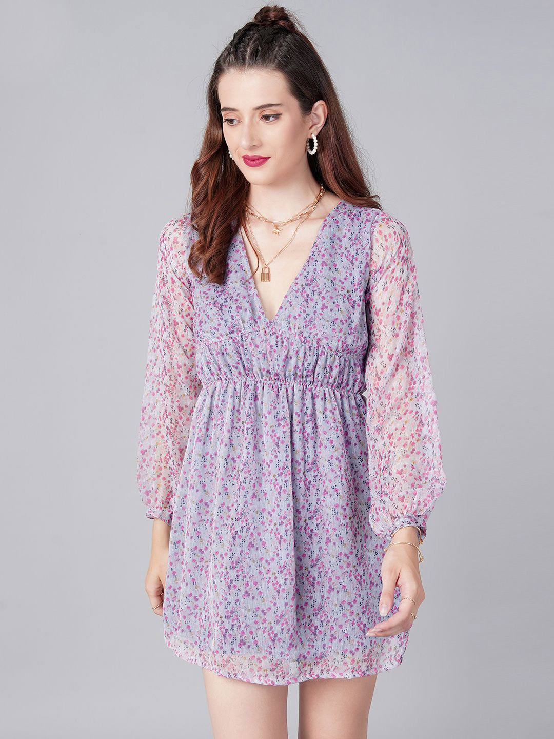 MINOS Women Floral Printed Gathered or Pleated Chiffon Empire Dress