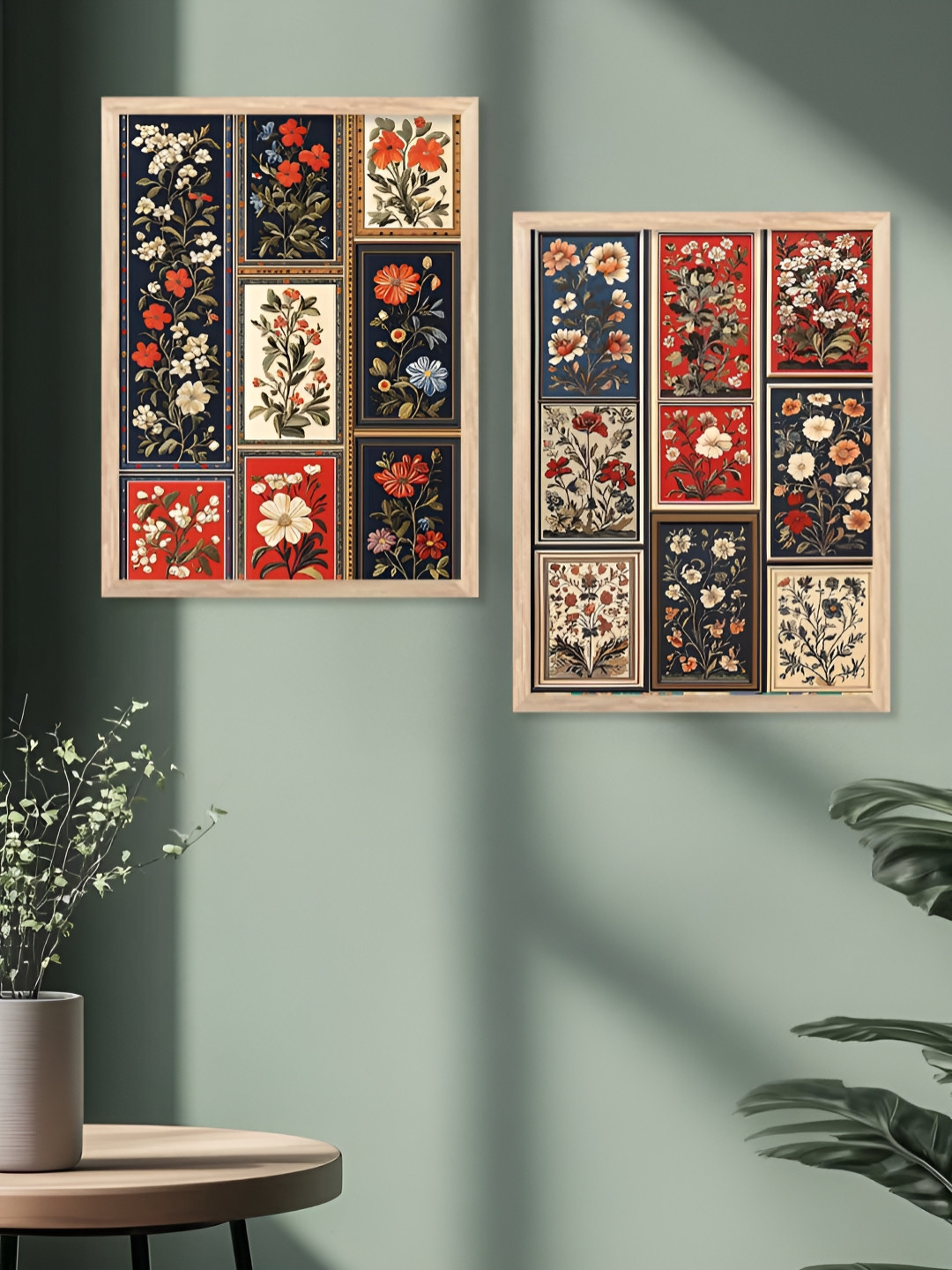 Kotart Set Of 2 White & Navy Blue Wood Floral and Botanical Wall Paintings