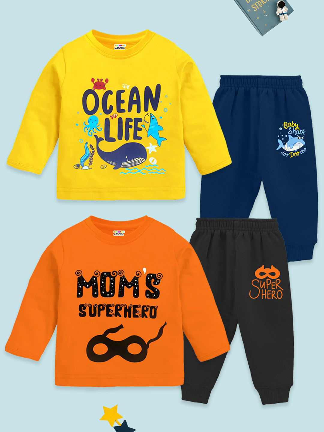 KUCHIPOO Boys Pack Of 2 Printed Long Sleeves T-shirt With Joggers