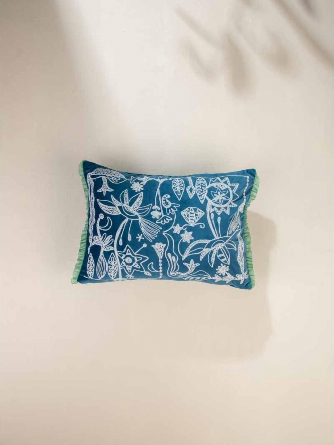 FREEDOM TREE Eye In The Sky Blue & White Floral Embroidered Velvet Rectangle Cushion Cover