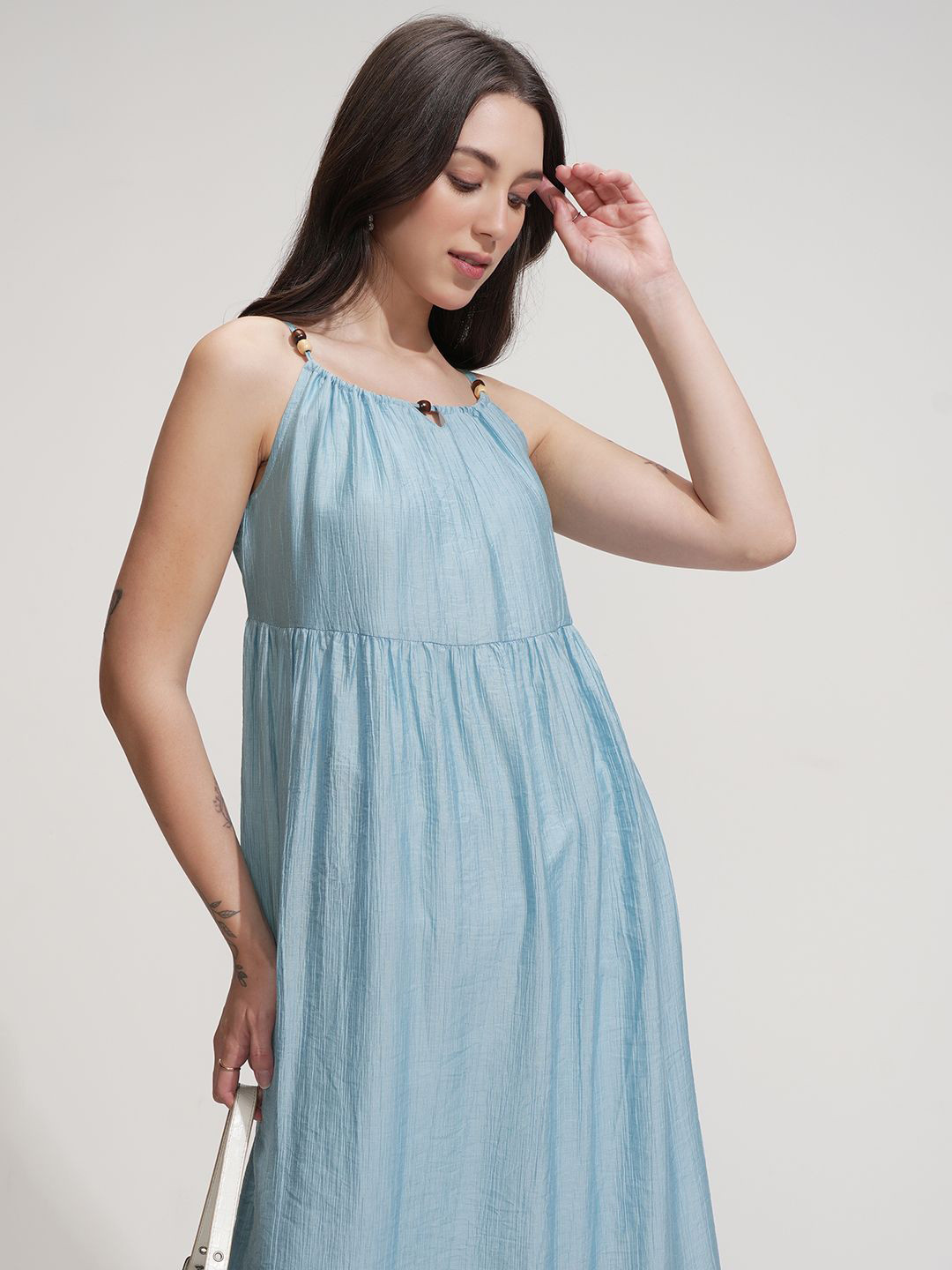 Tokyo Talkies Women Shoulder Straps Beaded Neck Fit & Flare Midi Dress