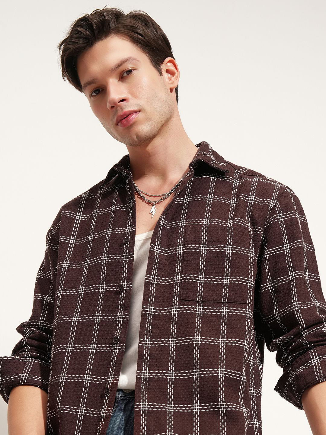 HIGHLANDER Checked Printed Spread Collar Long Sleeves Regular Fit Shirt