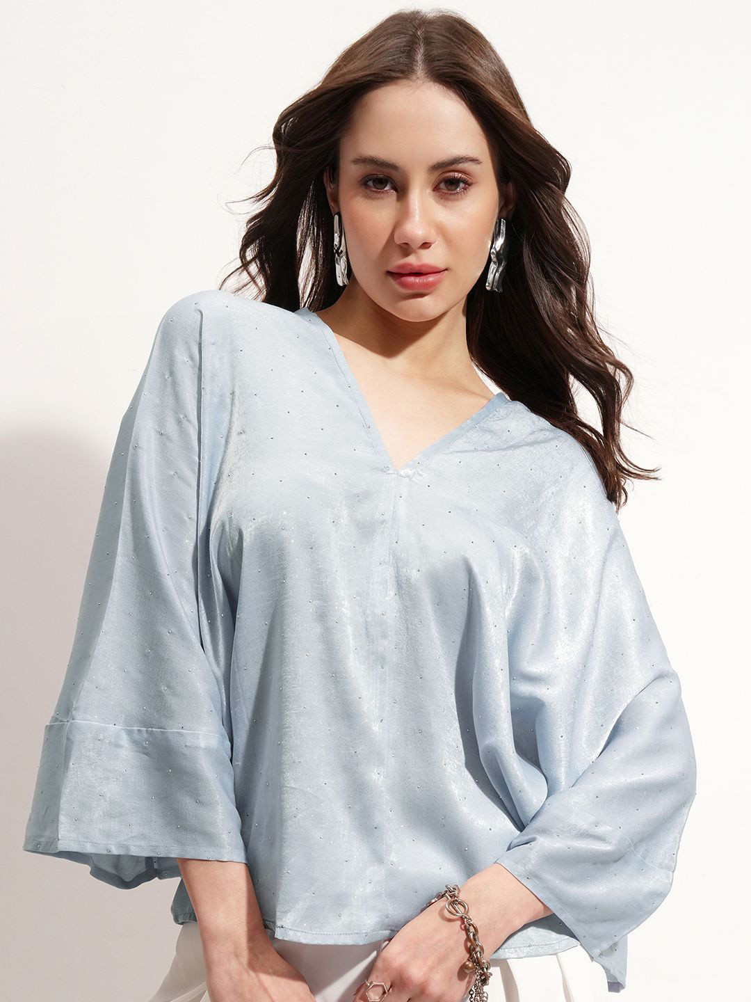 ESPYR By Tokyo Talkies Embellished V-Neck Batwing Sleeve Top