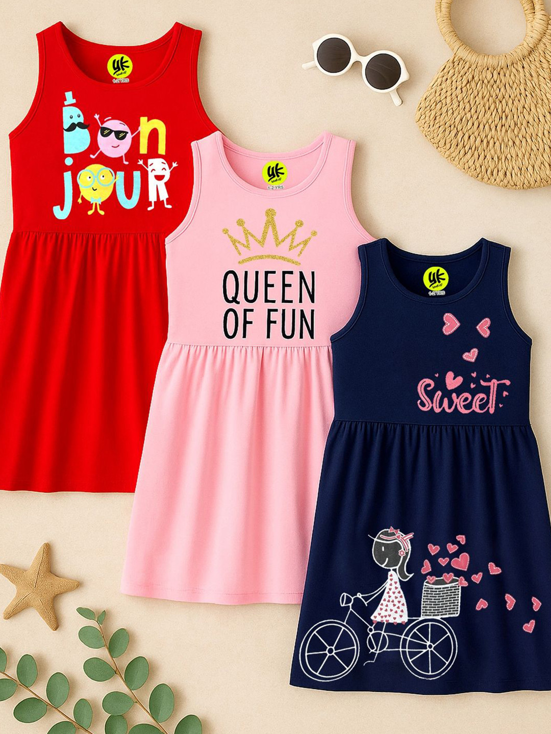 YK Girls Pack Of 3 Typography Printed Round Neck A-Line Dress